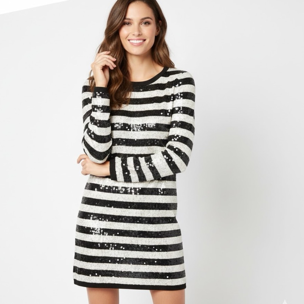 MICHAEL Michael Kors Striped Sequin Long Sleeve Mini Dress Black & White Small